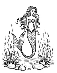 Mermaid painting with algae on rocks coloring pages