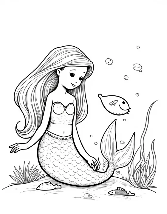 Mermaid playing hide-and-seek with small sea creatures