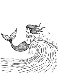 Mermaid riding a wave towards the shore coloring pages