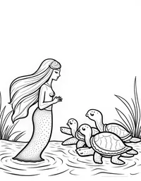 Mermaid singing to a group of sea turtles