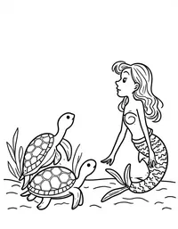 Mermaid singing to a group of sea turtles