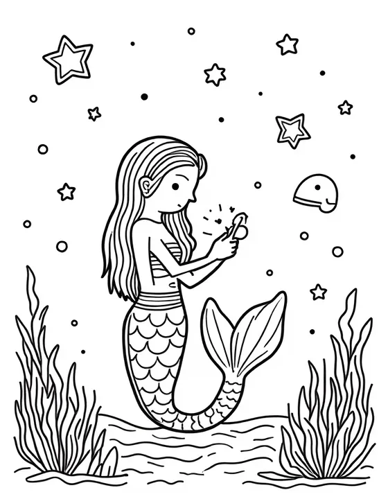 Mermaid studying star charts underwater