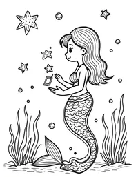 Mermaid studying star charts underwater