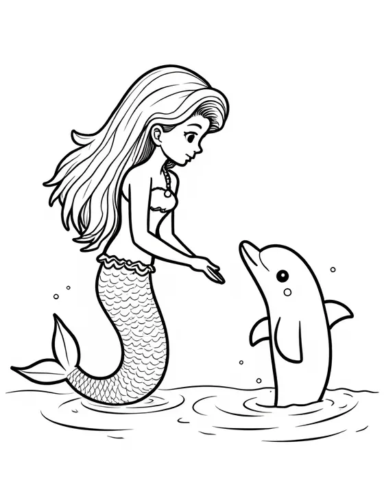 Mermaid teaching a young dolphin how to swim