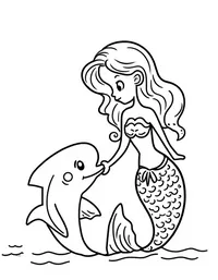 Mermaid teaching a young dolphin how to swim