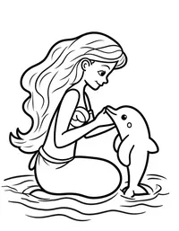 Mermaid teaching a young dolphin how to swim