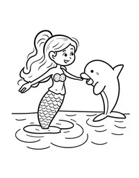 Mermaid teaching a young dolphin how to swim