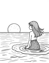 Mermaid watching a sunrise from the ocean surface coloring pages