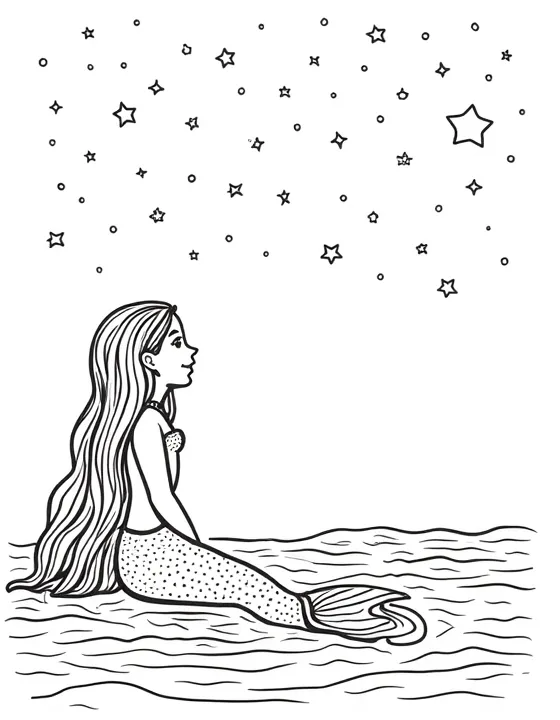 Mermaid watching meteor shower above the ocean