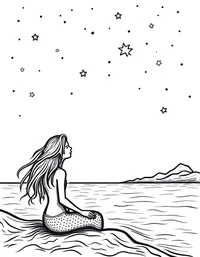 Mermaid watching meteor shower above the ocean