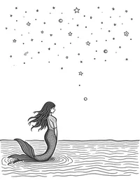 Mermaid watching meteor shower above the ocean