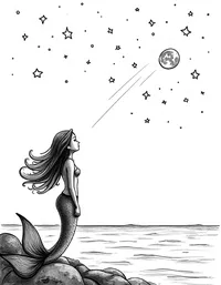 Mermaid watching meteor shower above the ocean