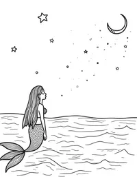 Mermaid watching meteor shower above the ocean