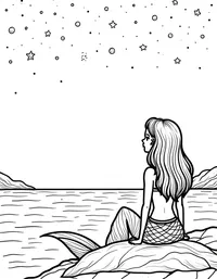 Mermaid watching meteor shower above the ocean