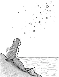 Mermaid watching meteor shower above the ocean