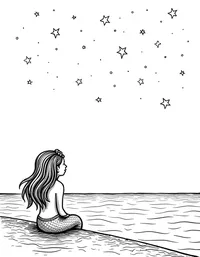 Mermaid watching meteor shower above the ocean