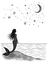 Mermaid watching meteor shower above the ocean