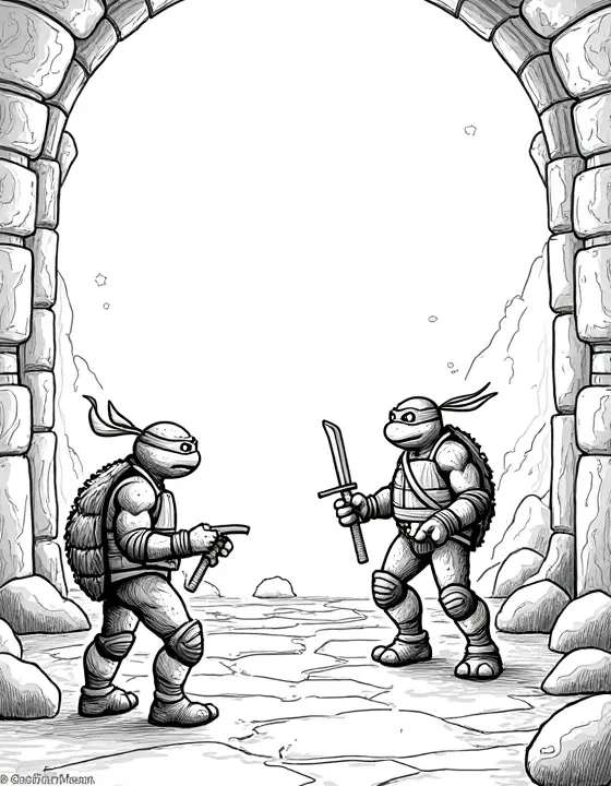 Ninja Turtles exploring an ancient temple