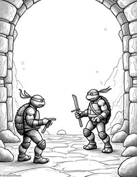 Ninja Turtles exploring an ancient temple coloring pages