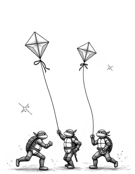 Ninja Turtles flying kites in the sky