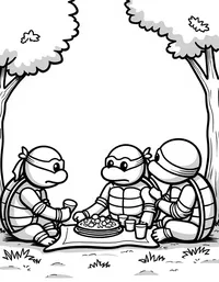 Ninja Turtles riding skateboards in the park coloring pages