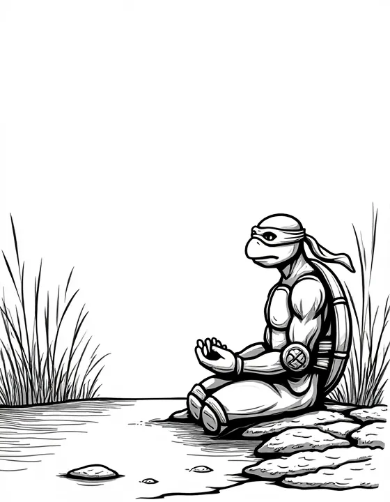 Ninja Turtles meditating by a tranquil pond