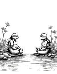 Ninja Turtles meditating by a tranquil pond