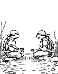 Ninja Turtles meditating by a tranquil pond