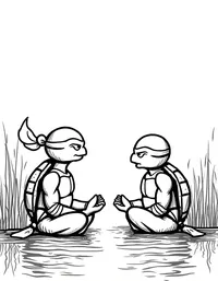 Ninja Turtles meditating by a tranquil pond