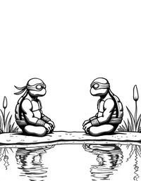 Ninja Turtles meditating by a tranquil pond