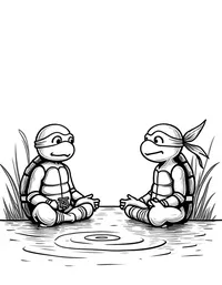 Ninja Turtles meditating by a tranquil pond