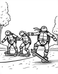 Ninja Turtles riding skateboards in the park