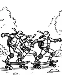 Ninja Turtles riding skateboards in the park