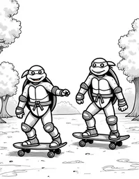 Ninja Turtles riding skateboards in the park