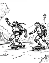 Ninja Turtles riding skateboards in the park