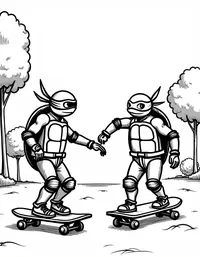 Ninja Turtles riding skateboards in the park