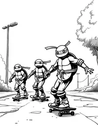 Ninja Turtles riding skateboards in the park