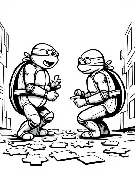 Ninja Turtles solving puzzles in a library