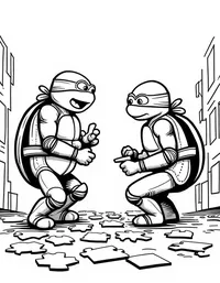 Ninja Turtles solving puzzles in a library coloring pages