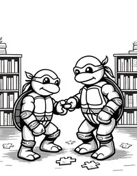 Ninja Turtles solving puzzles in a library