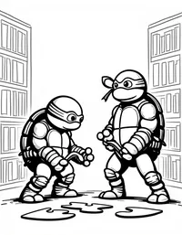 Ninja Turtles solving puzzles in a library