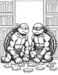 Ninja Turtles solving puzzles in a library