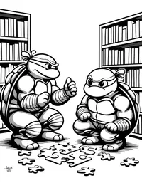 Ninja Turtles solving puzzles in a library