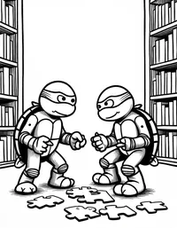 Ninja Turtles solving puzzles in a library