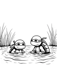 Ninja Turtles swimming in a lake