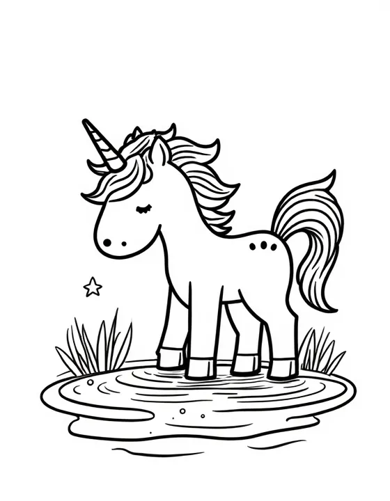 Unicorn drinking from a crystal-clear stream