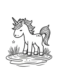 Unicorn drinking from a crystal-clear stream coloring pages