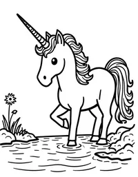 Unicorn drinking from a crystal-clear stream