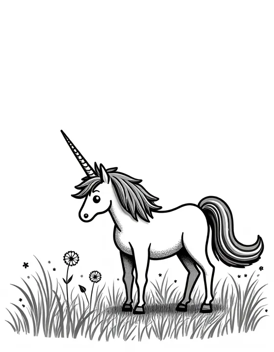 Unicorn explores a sun-drenched meadow