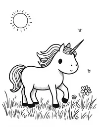 Unicorn explores a sun-drenched meadow